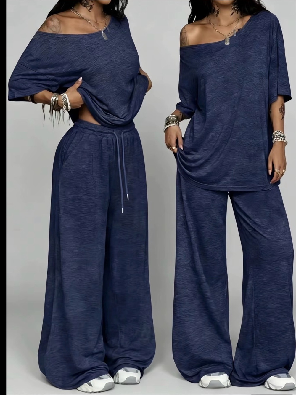 Relaxed Wide-Leg Lounge Pants & Top Set - Navy